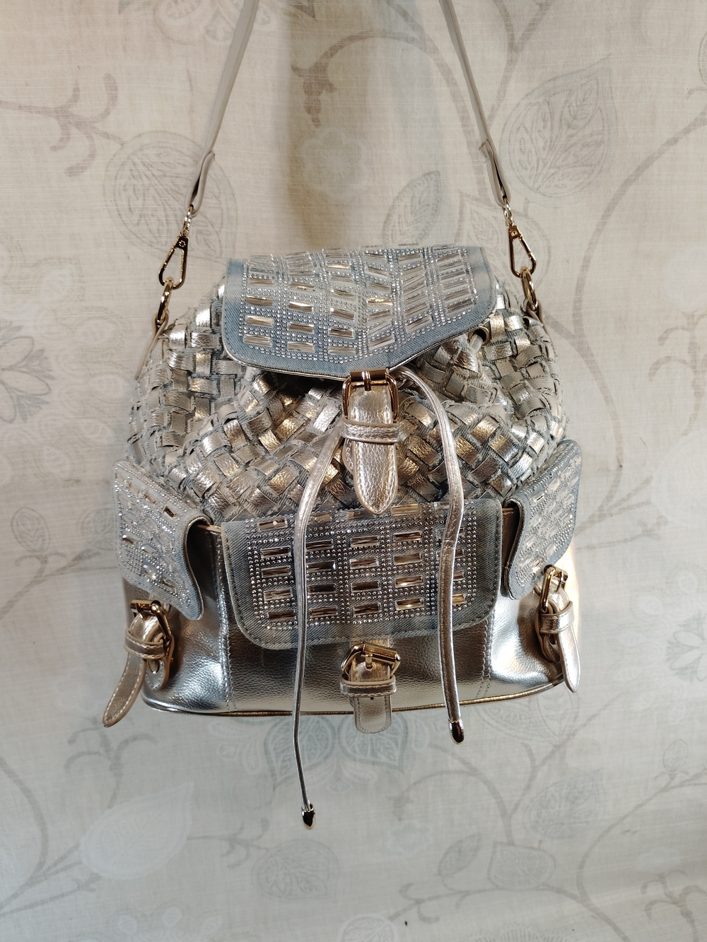 Silver Woven Metallic Women's Backpack Purse